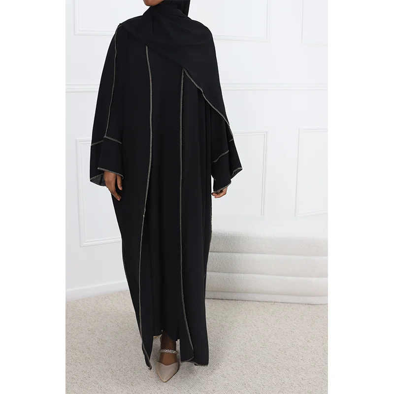 Ramadan Muslim Open Abaya for Women Dubai Long Dress Four Pieces Muslim Sets Turkey Islamic Stitching Abayas with Belt Hijab