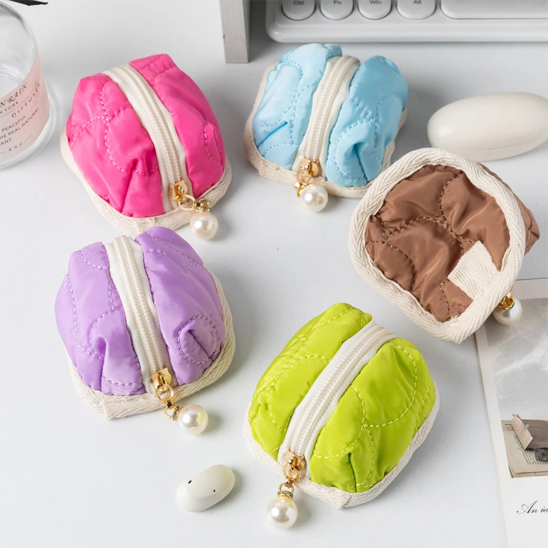 Solid Color Simple Quilted Cotton Earphone Case Coin Purse Earphone Storage Bag Travel Lipstick Cosmetics Bag Mini Wallet