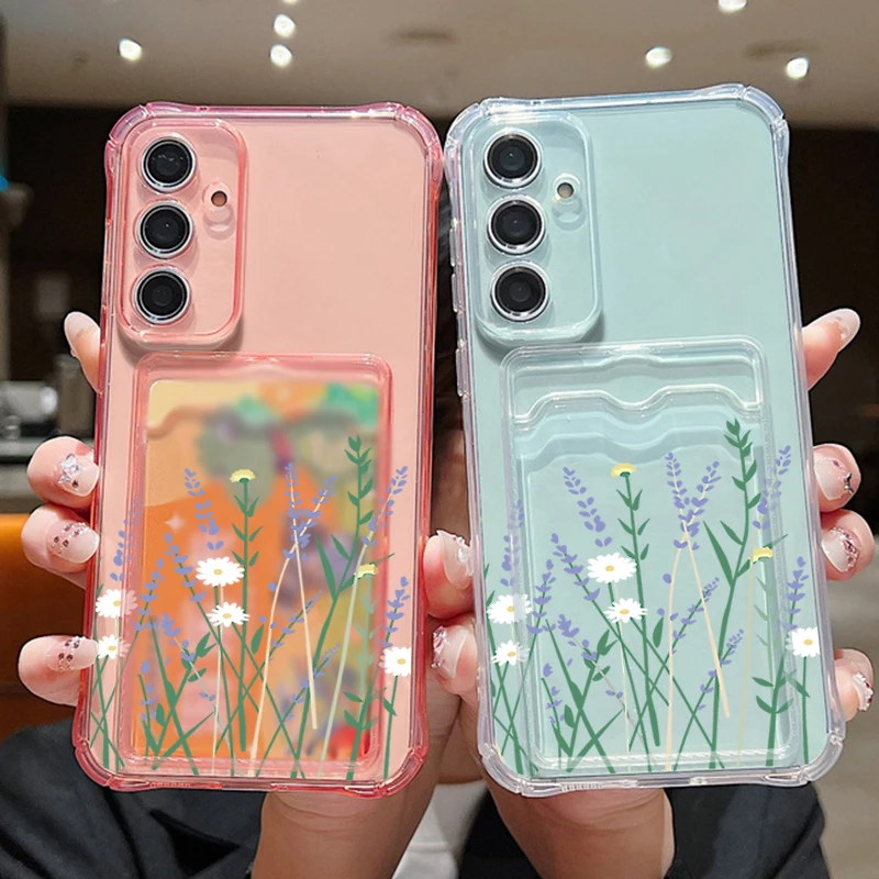 Flowers Case For Samsung Galaxy S23 S22 S24 Ultra S21 FE A55 A52 A54 A53 A34 A35 A05 A25 A14 A15 Card Slot Bag Clear Phone Cover