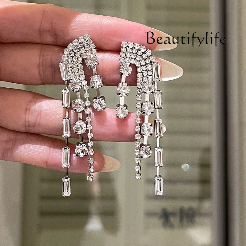 Super flash full diamond earrings irregular wings rhinestone fringed long earrings female creativity