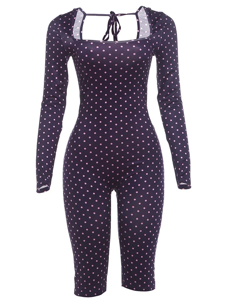 Weird Puss Sexy Mode-Playsuits für Damen, Polka-Dot-Print, quadratischer Kragen, lange Ärmel, figurbetont, Pfirsichfarben, für Mitternachtsclub-Partys – Detail 3
