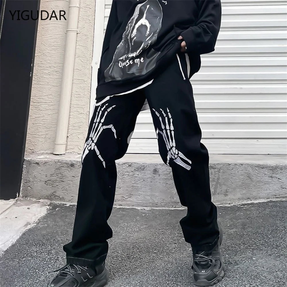 

Retro Skull Hand Bone Embroidery Washed Mens Jeans Pants Vibe Style Straight Casual Oversize Denin Trousers Streetwear