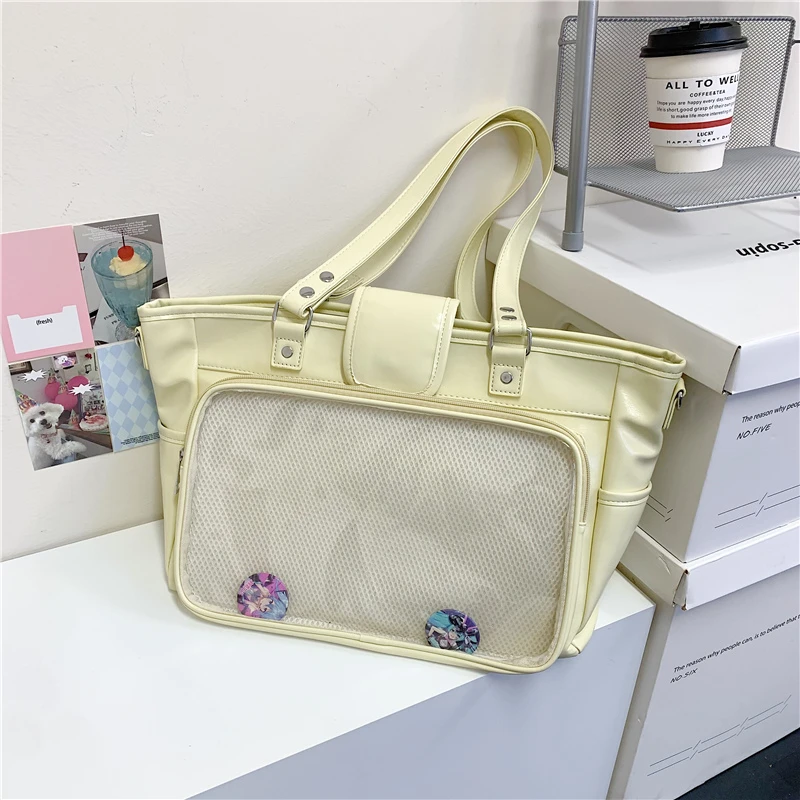 

Hot Selling Luxury Elegant Solid Color PU Leather Women Shoulder Bags Large College Students Cute Pin Display Ita Tote Bag