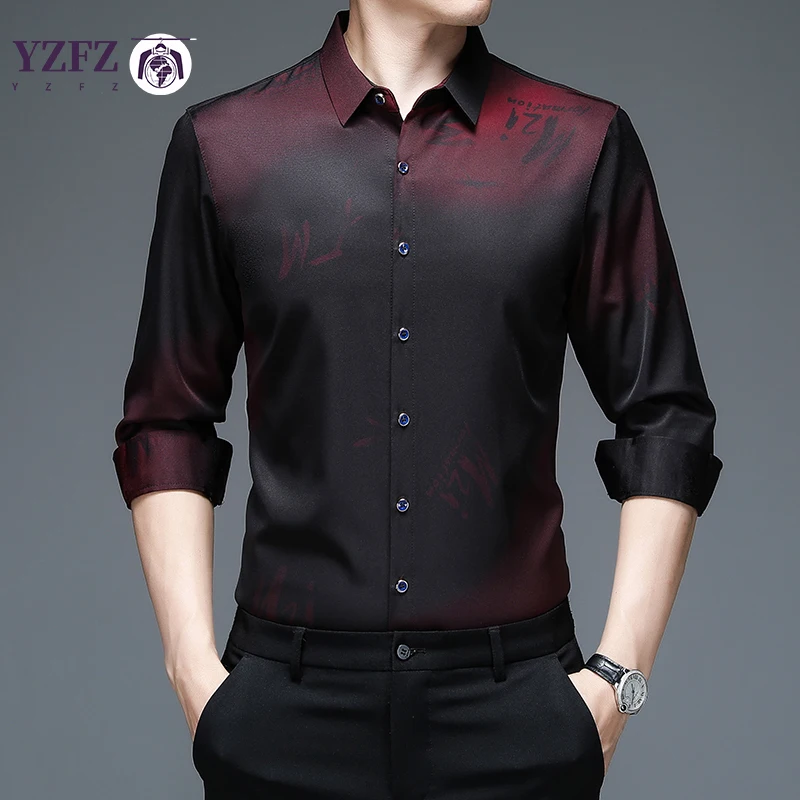 New Men's Casual Printed Long Sleeved Lapel Shirt for Spring and Autumn Fashion Comfortable Wrinkle Free Top Without Ironing