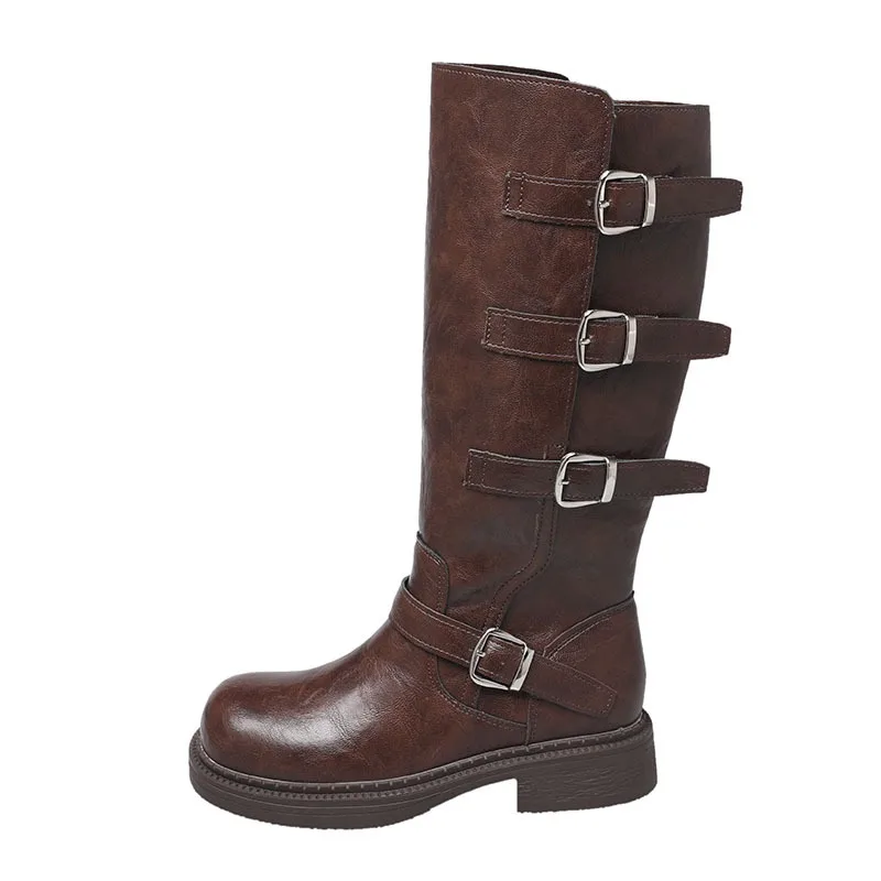 Fashion Buckle Mid Heels Women Long Boots 2025 Designer Elegant Dress Pumps Shoes Winter New Trends Chunky Knee Boots De Mujer