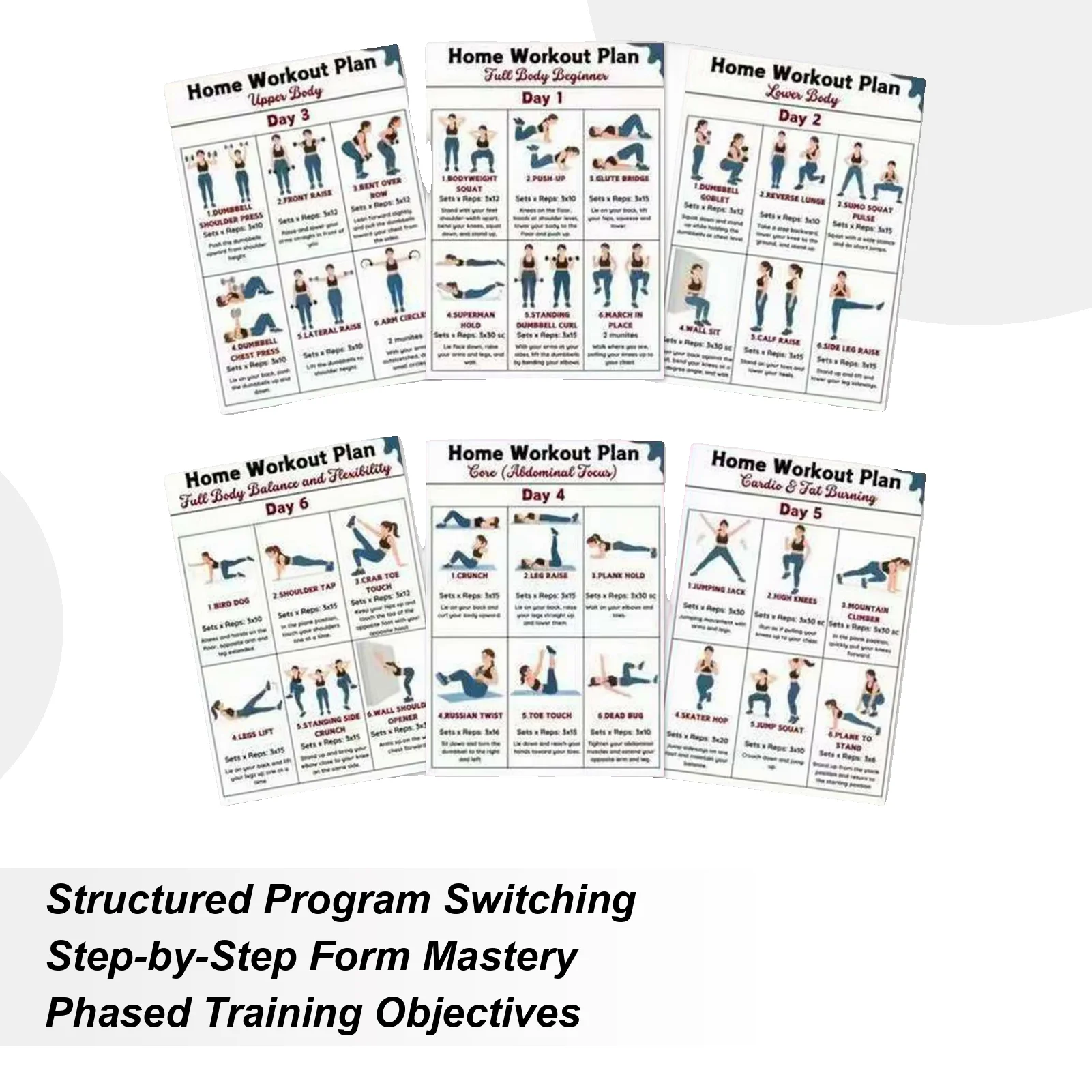 Tabla de entrenamiento de cuerpo completo, rotina de ejercicio de gimnasio en casa, 6 piezas, tabla de acción de ejercicio con mancuernas de Yoga para dormitorio y oficina