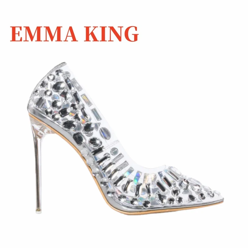 Embellishments PVC Pumps Women Pointy Toe Clear High Heels With Gem Girl Luxury Design Rhinestone Pumps Sweet Studded Pumps