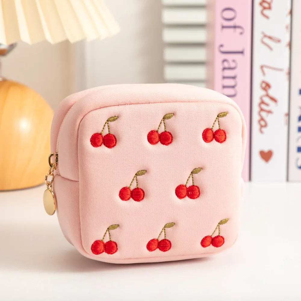 Multi-functional Cherry Patterns Coin Purse Zipper Closure Portable Sanitary Napkin Storage Bag Lightweight Makeup Bag