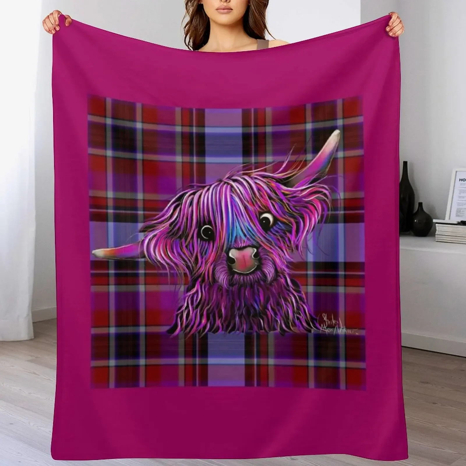 HiGHLaND CoW PRiNT ' HuCKLeBeRRY oN TaRTaN ' BY SHiRLeY MacARTHuR Throw Blanket Soft Bedroom Blanket for Night Sleeping