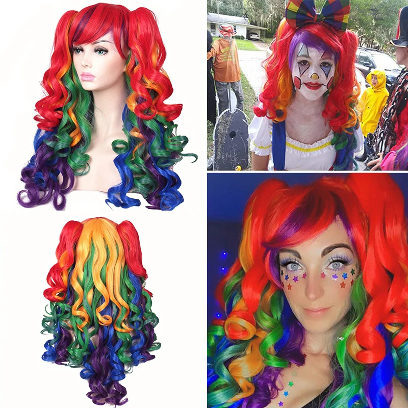 Rainbow Colored Long Curly Hair Wig Halloween Party Cosplay Wig Holiday Ball Ponytail Rainbow Wig Headband
