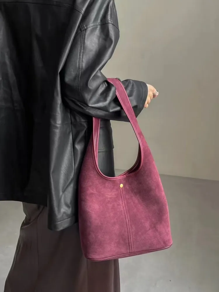 Women Hobos Bag Vintage Solid Color Cow Suede Single Shoulder Bag Versatile Casual Handbag Totes Autumn Office Lady Underarm Bag