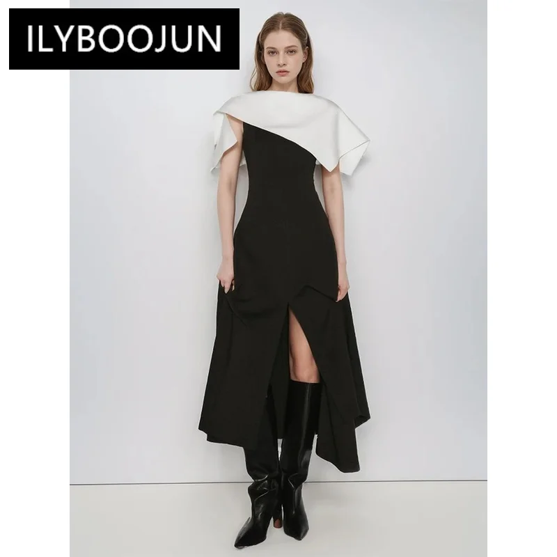 

ILYBOOJUN Colorblock Temperament Dresses For Women O Neck Sleeveless High Waist Split Hem Elegant Ong Dress Female Fashion