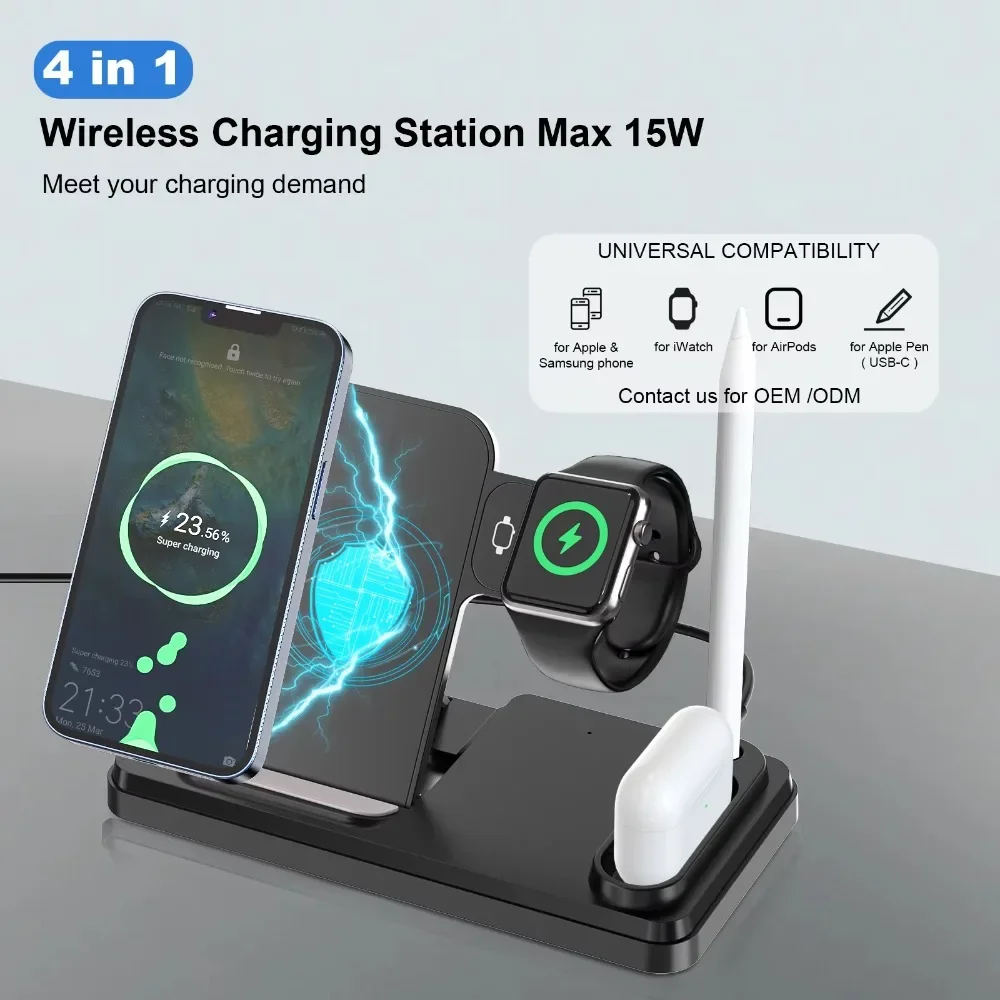 

15W 4 in 1 Foldable Smart Wireless Charger Stand with USB Port Portable Quick Charging Adapter for iWatch AirPods and Phone