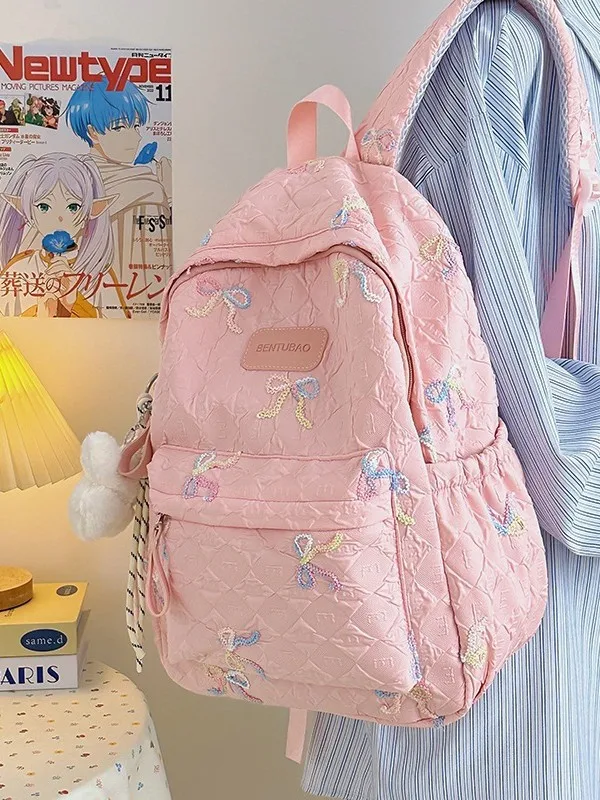 Sweet Girls Quilted Backpack Colorful Bow Embroidery Aesthetic Large Capacity Lightweight Travel Backpack with Plush Pendant