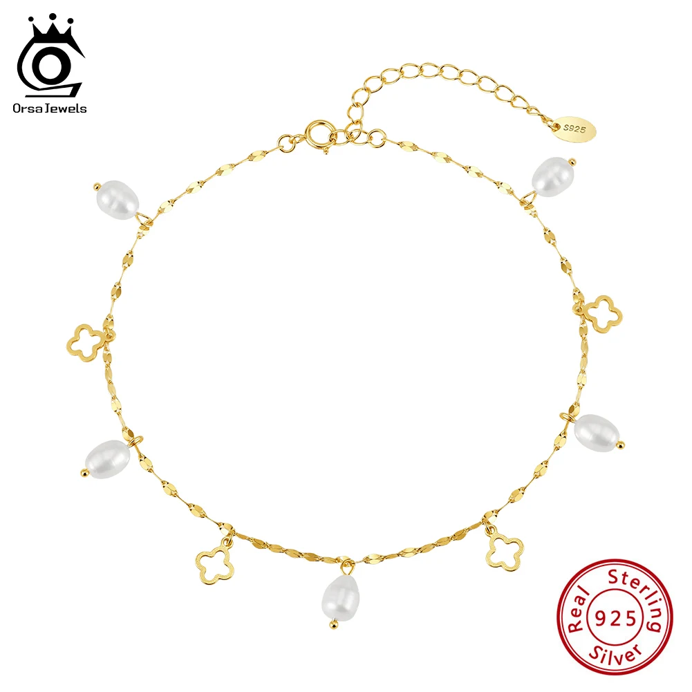 

ORSA JEWELS Summer Freshwater Pearls Chain Anklet S925 Sterling Silver Fashion Creative Flower Pendants Foot Jewelry Gift SA105