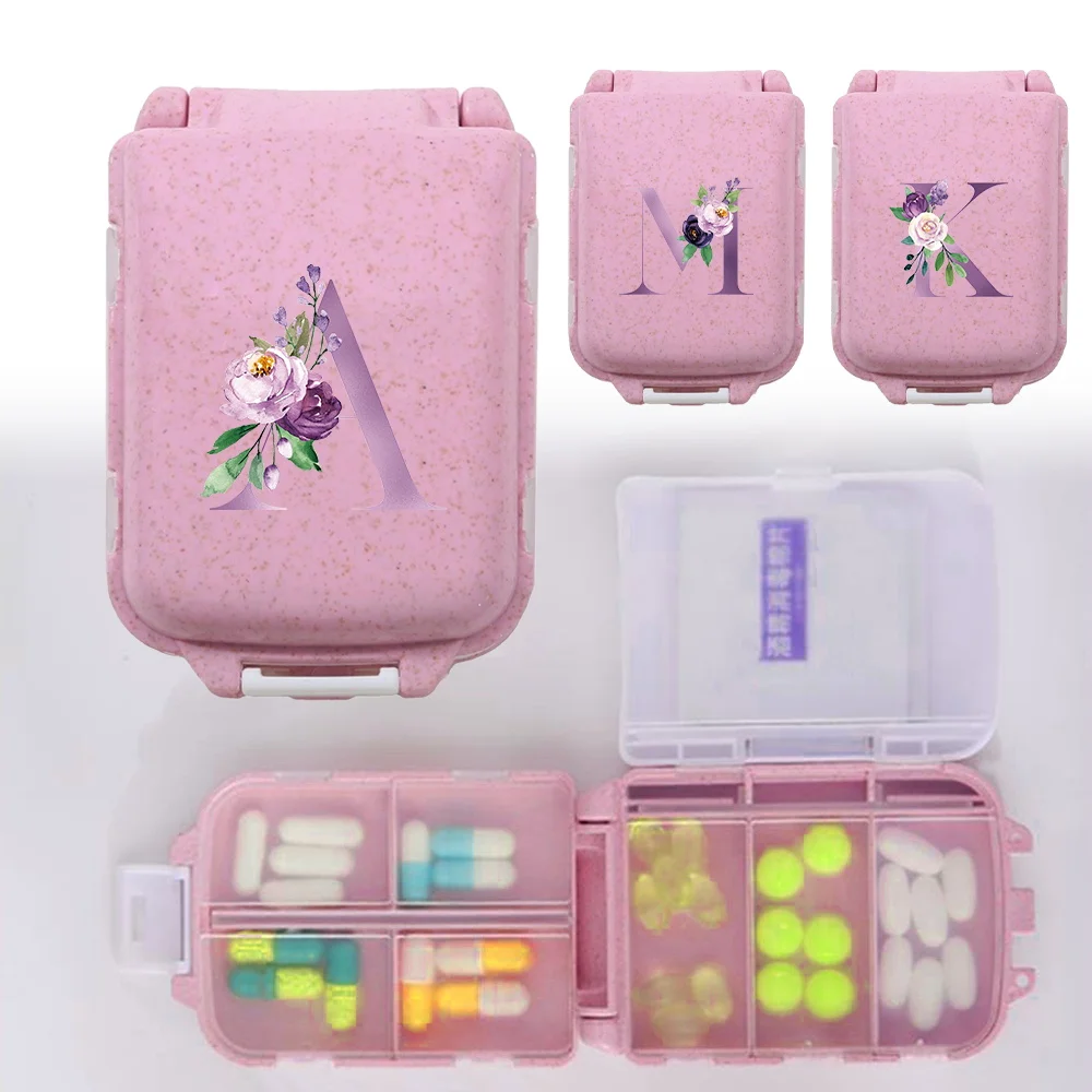 1Pc Portable Mini Pill Box Vitamin Pills Box Pill Container Health Travel Supplies Storage Boxes Purple Letter Pattern Series