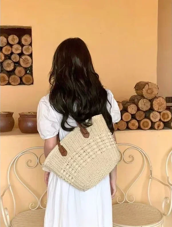 Bolso tejido de hierba para vacaciones en la playa para mujer, tejido de un bolso de mano solo hombro, alta capacidad, Verano