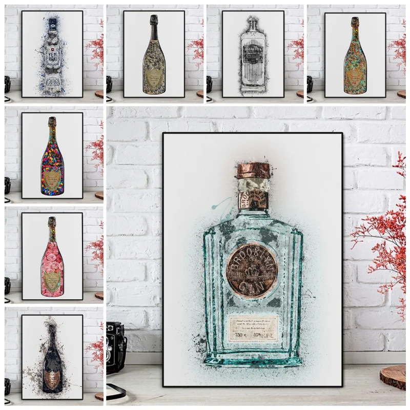 Golden Pink Blue Champagne Gin Raki Graffiti Splash Posters and Print Canvas Paintings for Living Room Bar Wall Art Decoration