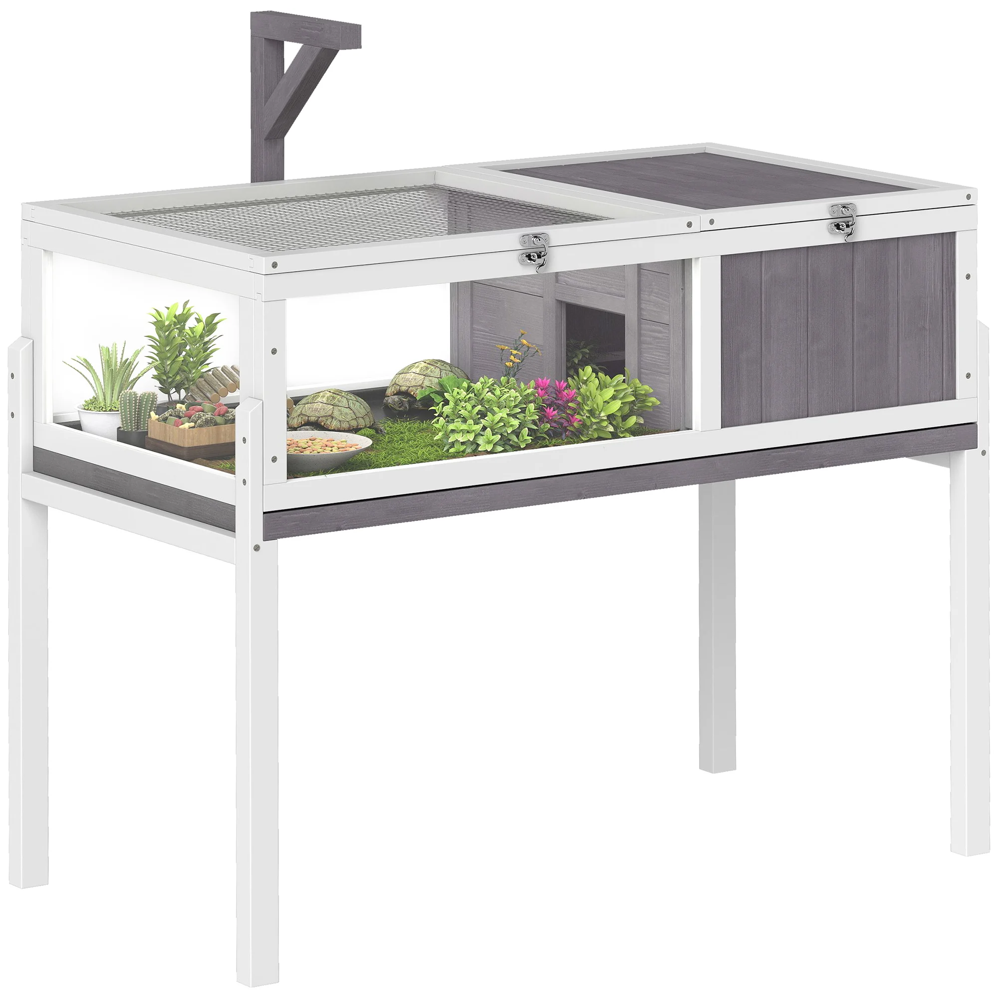 PawHut Maison pour tortues, enclos en bois surélevé intérieur extérieur, 2 espaces, support de lampe, toit ouvrable, plateau coulissant et bol d'alimentation, pour petits reptiles, 104x53x82cm, gris