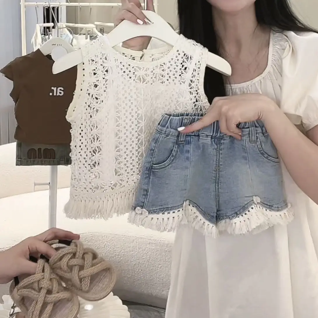 

Girls 2-Piece Summer Outfit, Crochet Lace Sleeveless Top + Denim Shorts, Bohemian Style Casual Set for Toddler & Little Girls