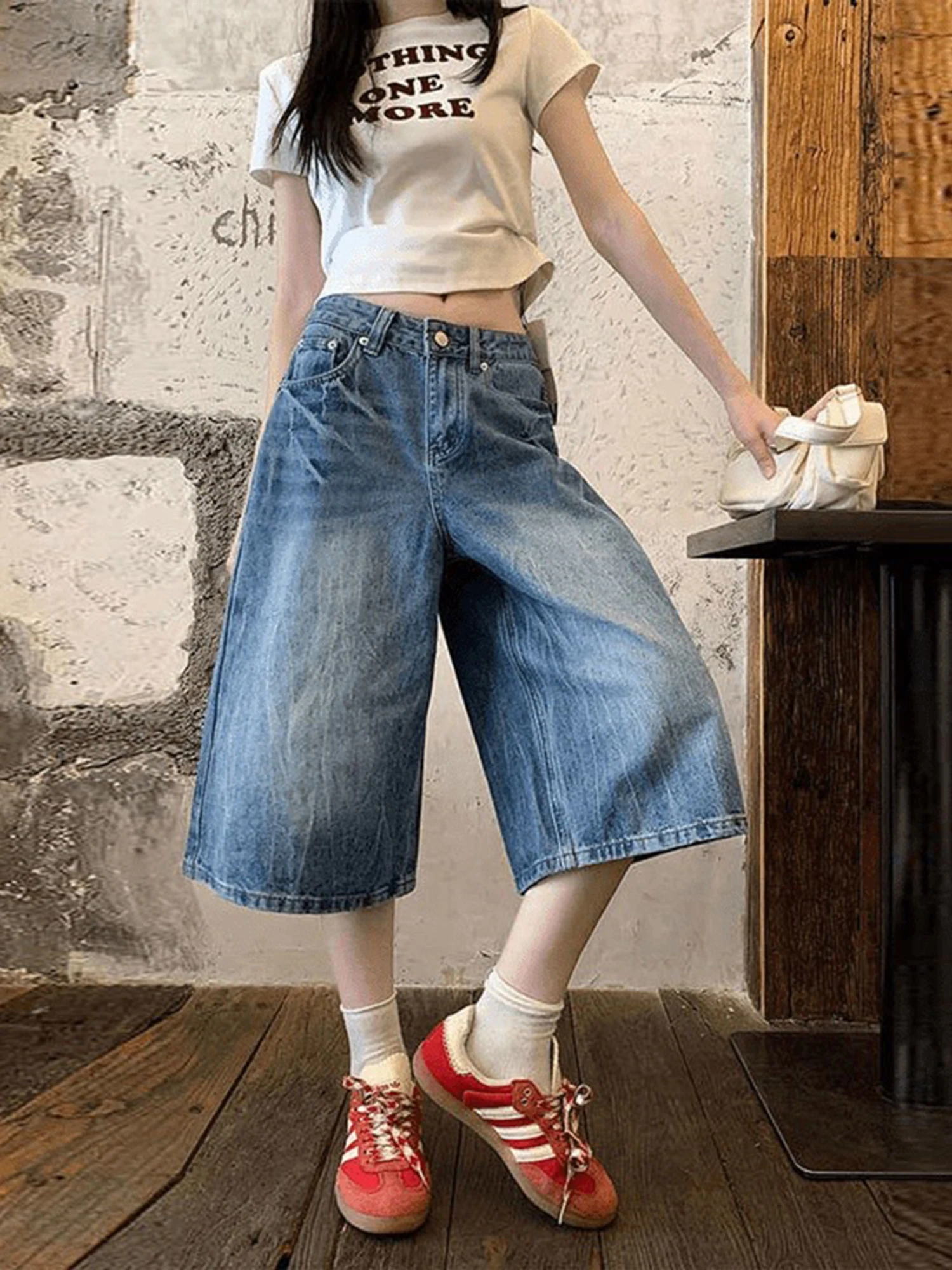 Pantalones de pierna ancha de cintura alta para mujer, pantalón Retro americano, pierna recta, patrón de relámpago, Seven-Five, verano, seis seis