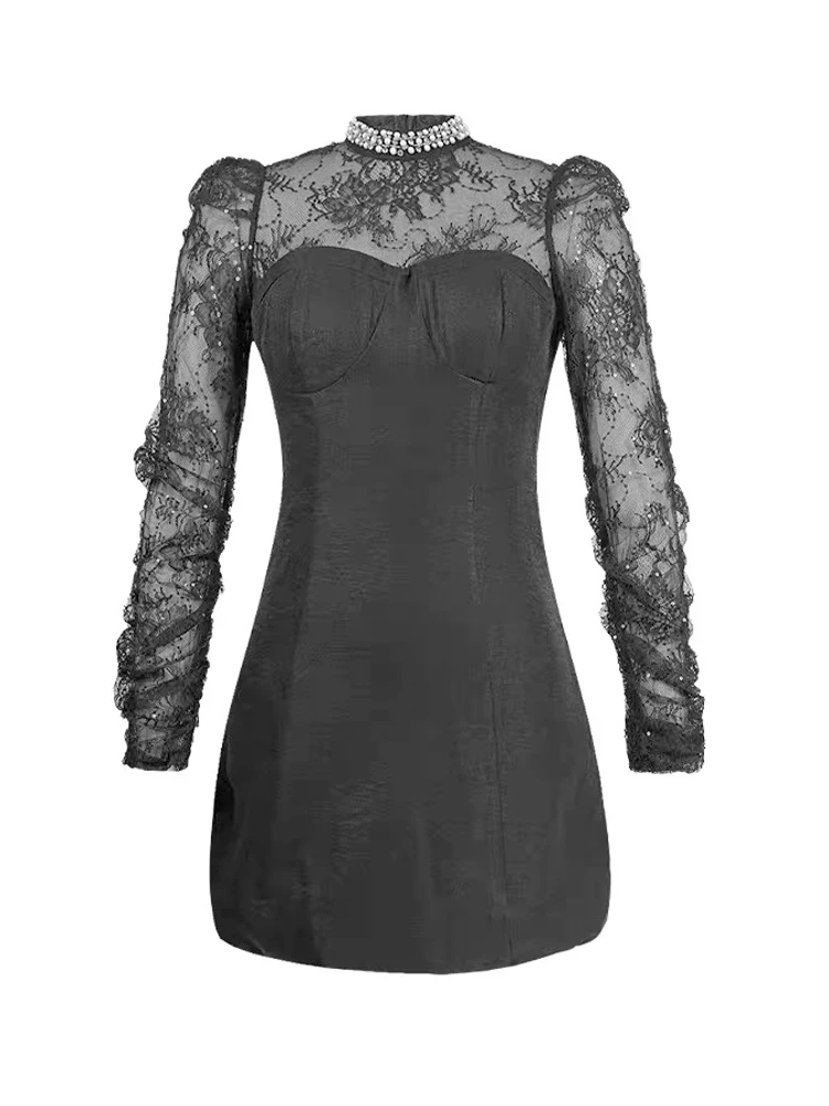 Schwarz Gefälschte 2-Stück Abendkleid Frauen Kleidung Spitze Sheer Sexy Dünne Kurze Kleider Elegante Luxus Party Club Geburtstag vestido Neue