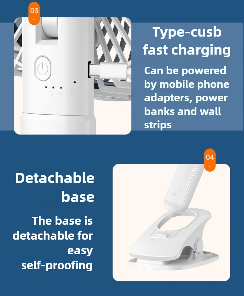 4-In-1 Fan USB Charging Model Long Battery Life Foldable Mini Retractable Fan Portable Electric Fan 360 ° Swing Clip Vertical