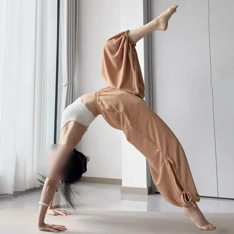 New Chinese Style Relaxing Yoga Pants Women's Mid-high Waist Loose Breathable Tying Foot Straps Bloomers Trousers Wide-leg Pants