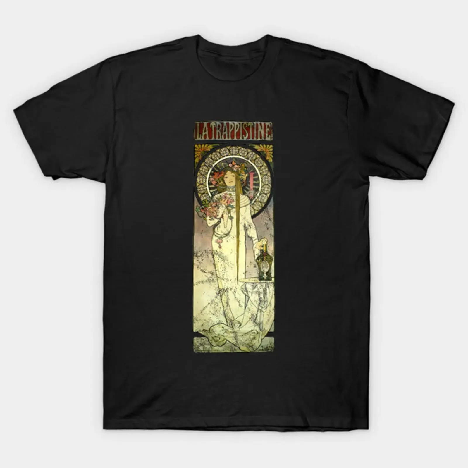 Art Nouveau La Trappistine Alphonse Mucha Vintage T Shirt vintage Washed Casual Breathable homme Stretched Stylish Unisex