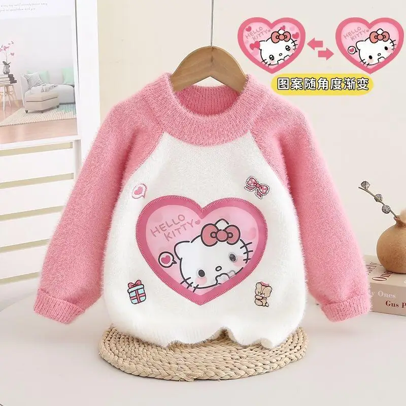 

Sanrios Hello Kitty Sweater Kuromi Cartoon Print Autumn Winter New Style Girl Fashion Base Baby Thickened Sweater Soft Warm Hot