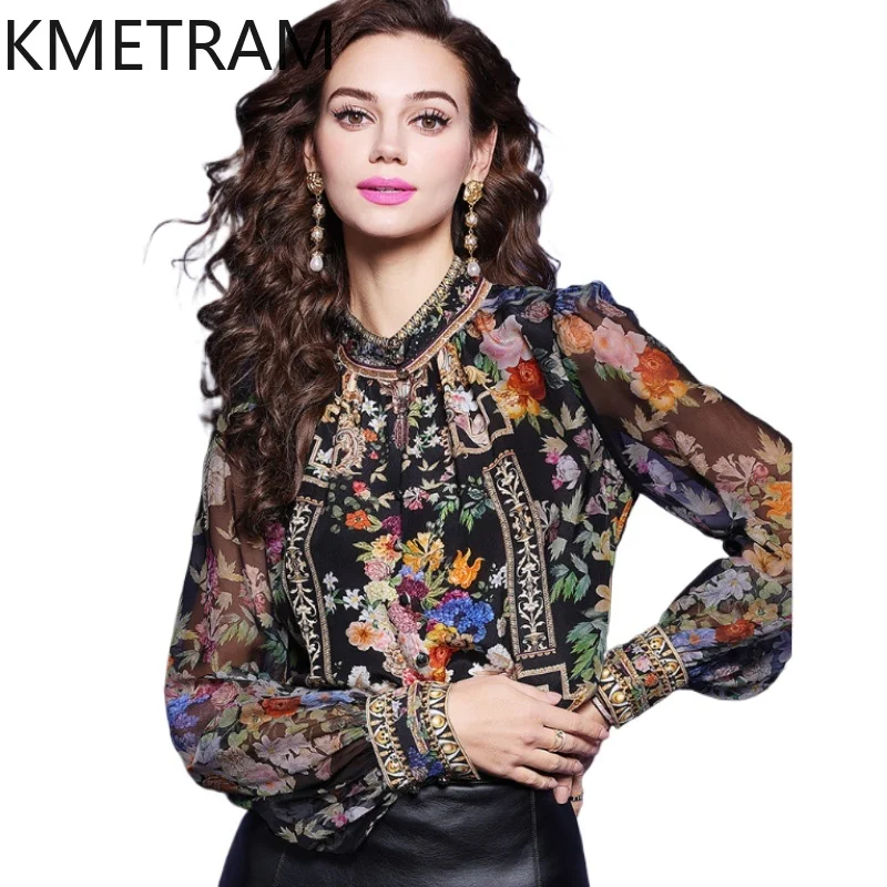 

KMETRAM 100% натуральная шелковая рубашка из тутового шелкопряда, женская винтажная блузка с принтом, с длинным рукавом, весенние топы для женщин, одежда 2026, рубашка