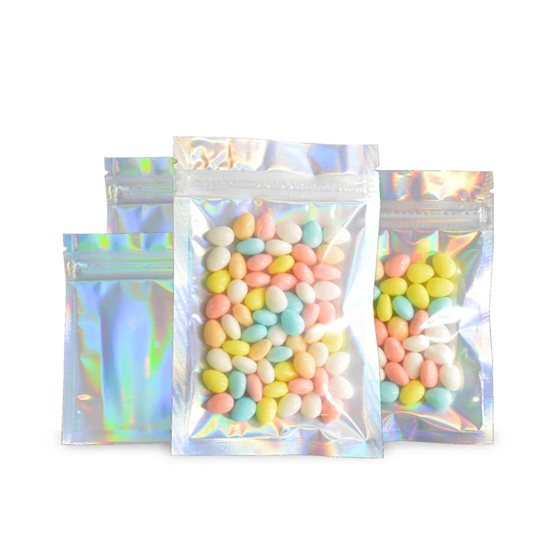 100Pcs Recyclable Flat Front Clear Hologram Aluminum Foil Laser Zip Lock Packaging Bags Snack Candy Makeup Gift Storage Pouches