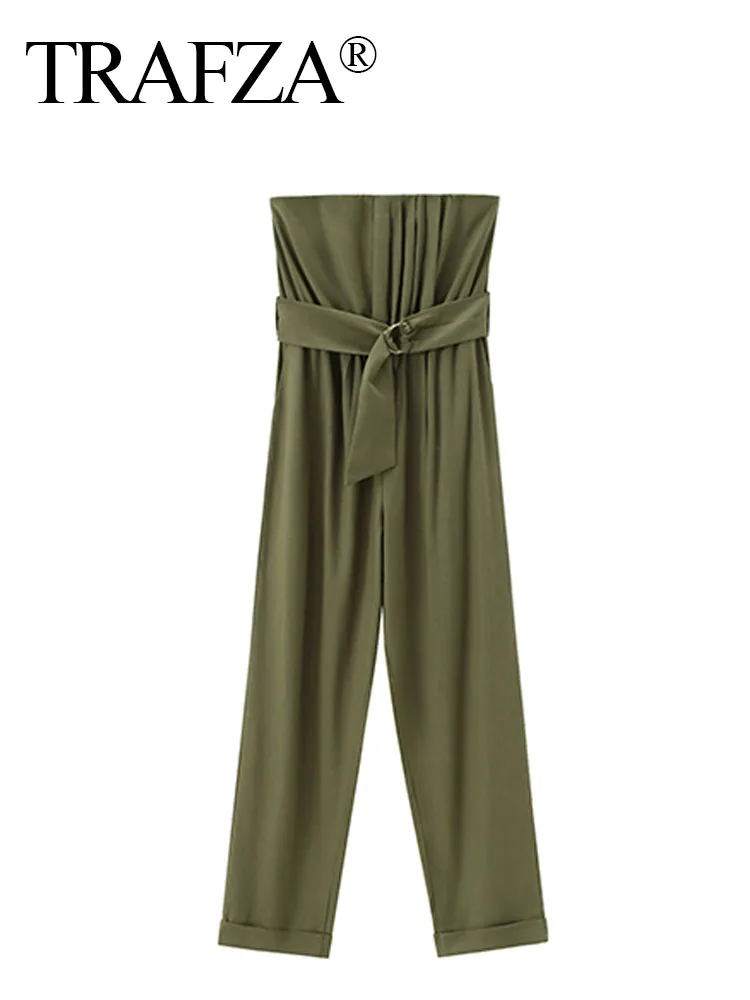TRAFZA-mono verde militar sin mangas para mujer, pantalón largo ajustado con Espalda descubierta, bolsillos y cinturón, ropa de calle plisada, novedad de 2024