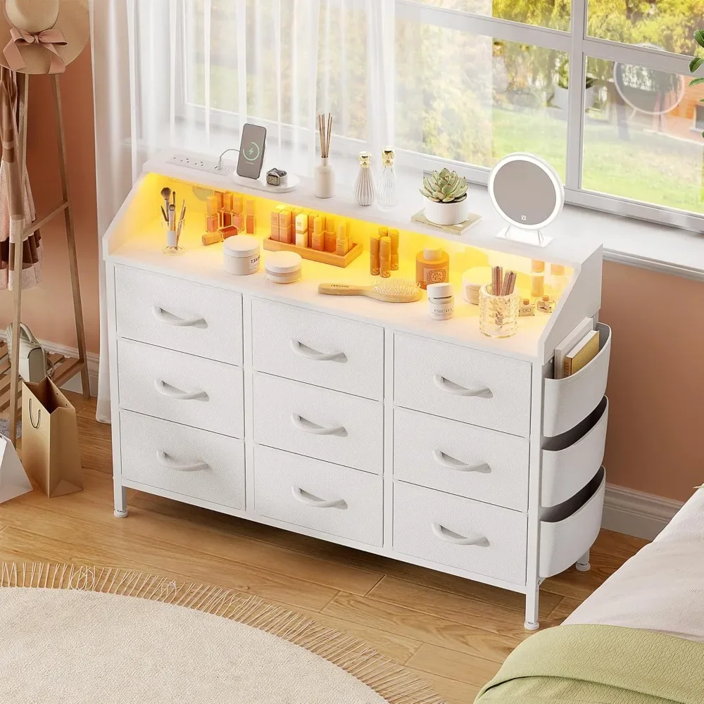 

Dresser for Bedroom 9 Drawers -Kids Adults Chest of Drawers- Fabric Dressers for Bedroom with LED Light & Charging Station