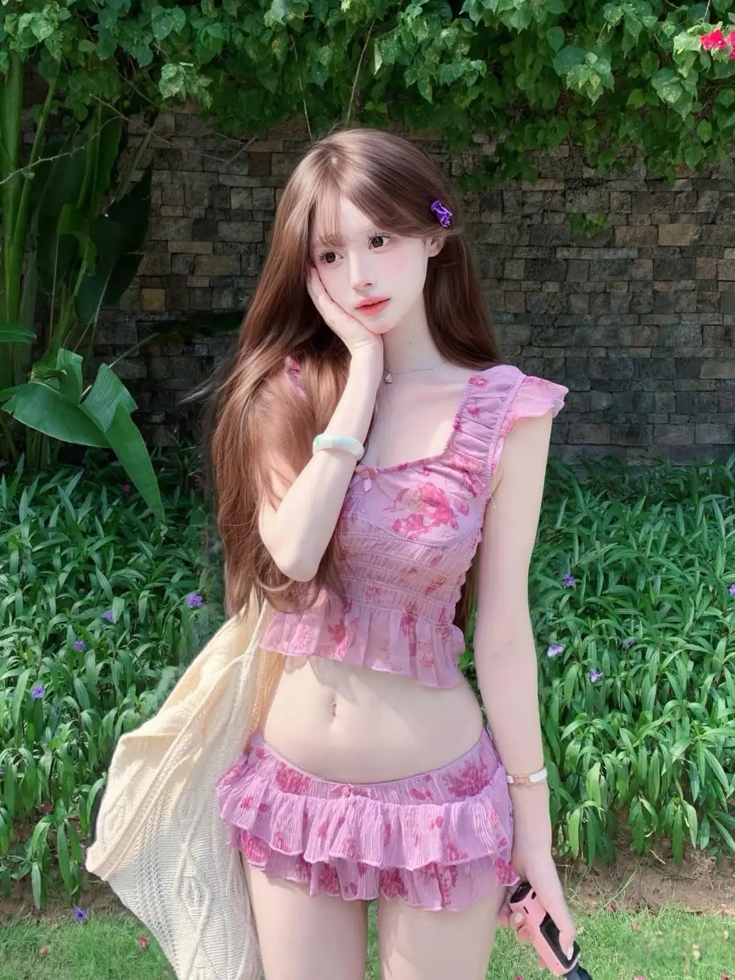 

Elegant Separate Bikini Swimsuit Women's Sweet Flying Sleeve Small Chest Gathered Beautiful Pure Desire Vacation Hot Spring B...