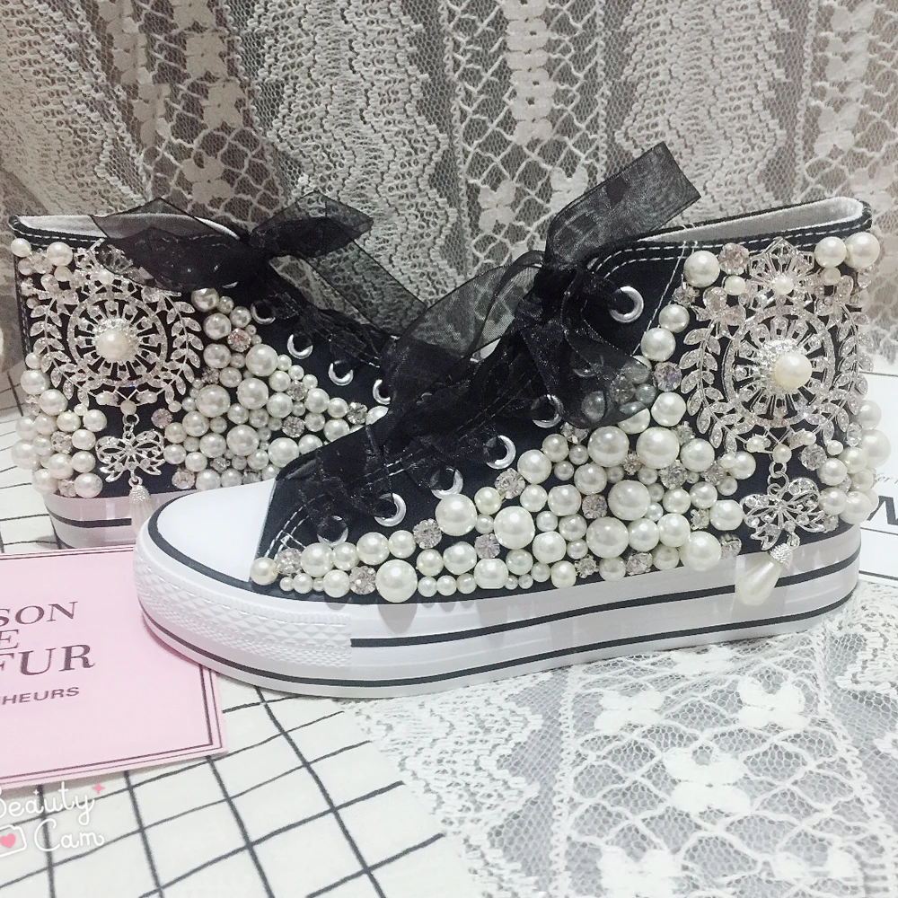 2022 New Arrival Fashion Shoes for Woman Diamond and Pearl Wedding Bridals Shoe High Top Canvas Shoes Sweet Party