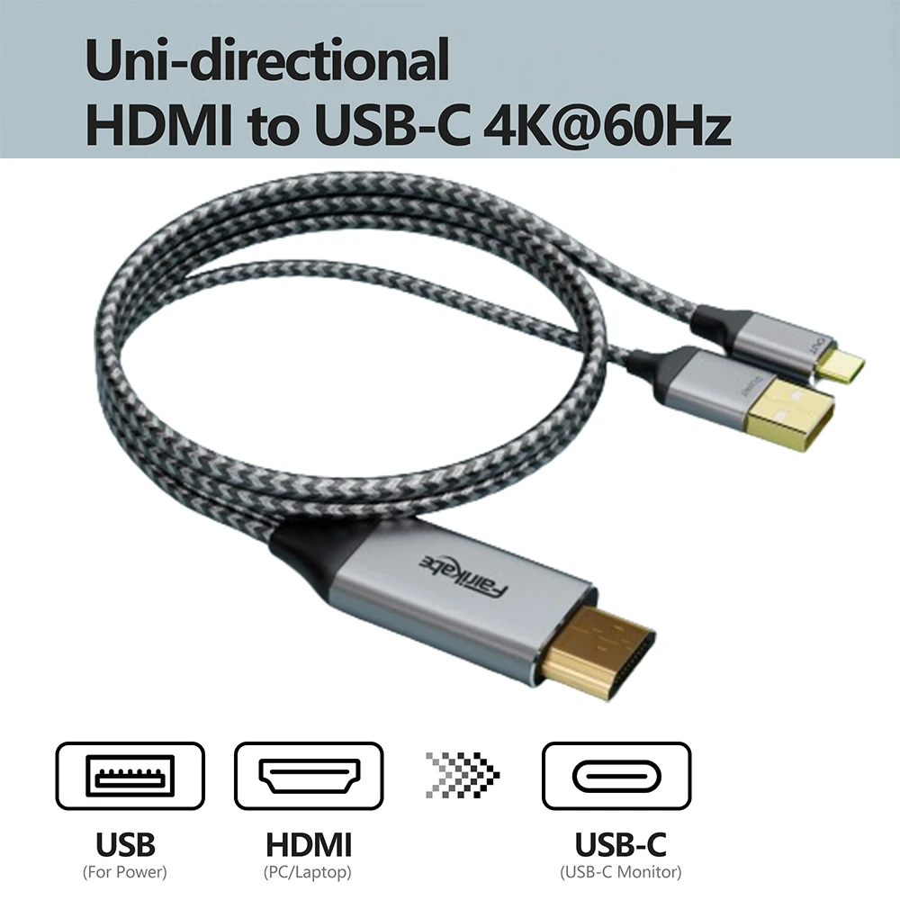 Fairikabe HDMI to USB C 어댑터 케이블, 전원 공급 장치 포함, 모니터 Xreal Nreal PS5 Xbox용 HDMI 2.0 to C 컨버터, 6.6FT, 4K 60Hz