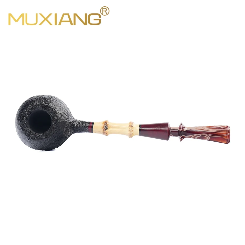 MUXIANG Handmade Briar Smoking Pipe Bamboo Shank Colorful Acrylic Mouthpiece 3mm Airway Solid Wood Tobacco Pipe For Men Gift
