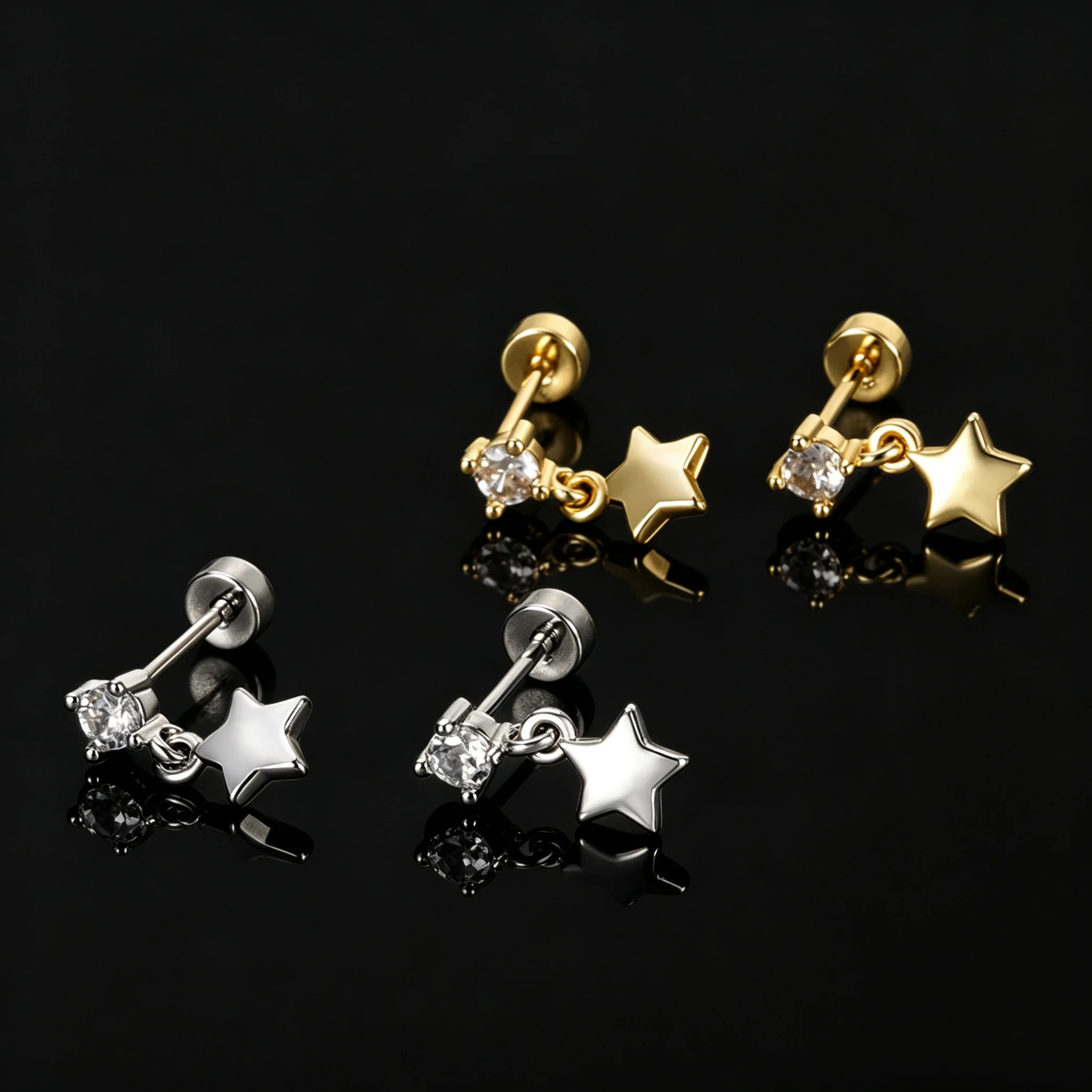 Pentagram Single Zircon Drop Earrings Flat Screw Back Dainty Vintage Women S925 Sterling Silver Ear Jewelry