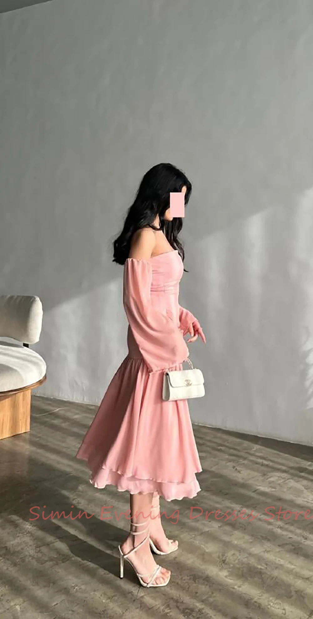 Strapless Flower A-Line Elegant  Pleats Simple Long-Sleeves Tea-Length Saudi Arab Evening Elegant Party dresses for women 2024