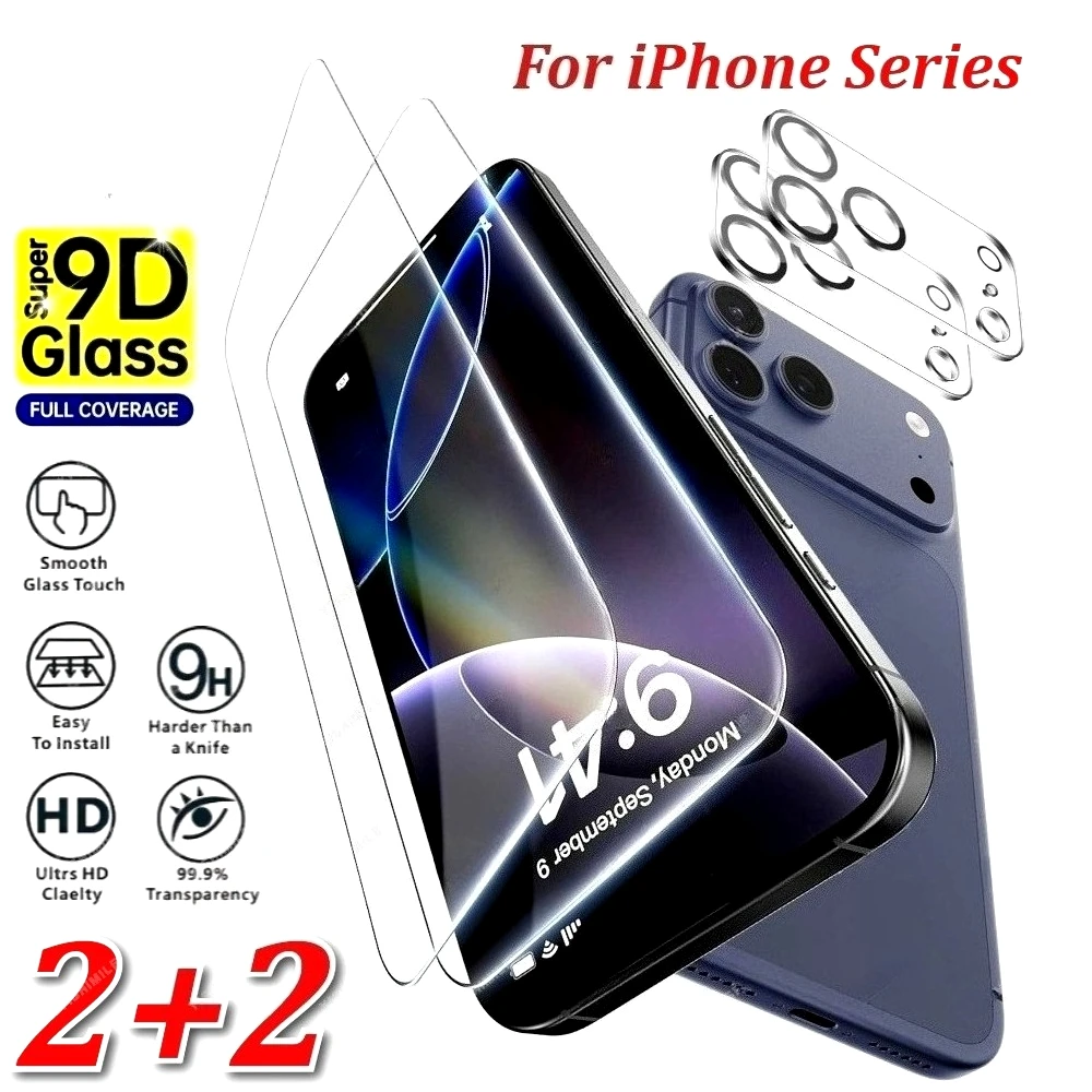 

2 шт. Защитное стекло Full Cover для iPhone 17, 16, 15, 14 Pro Max, Air, 13, 12, 11 Pro, Mini, 16, 15 Plus с 2 шт. защитными стеклами для объектива камеры