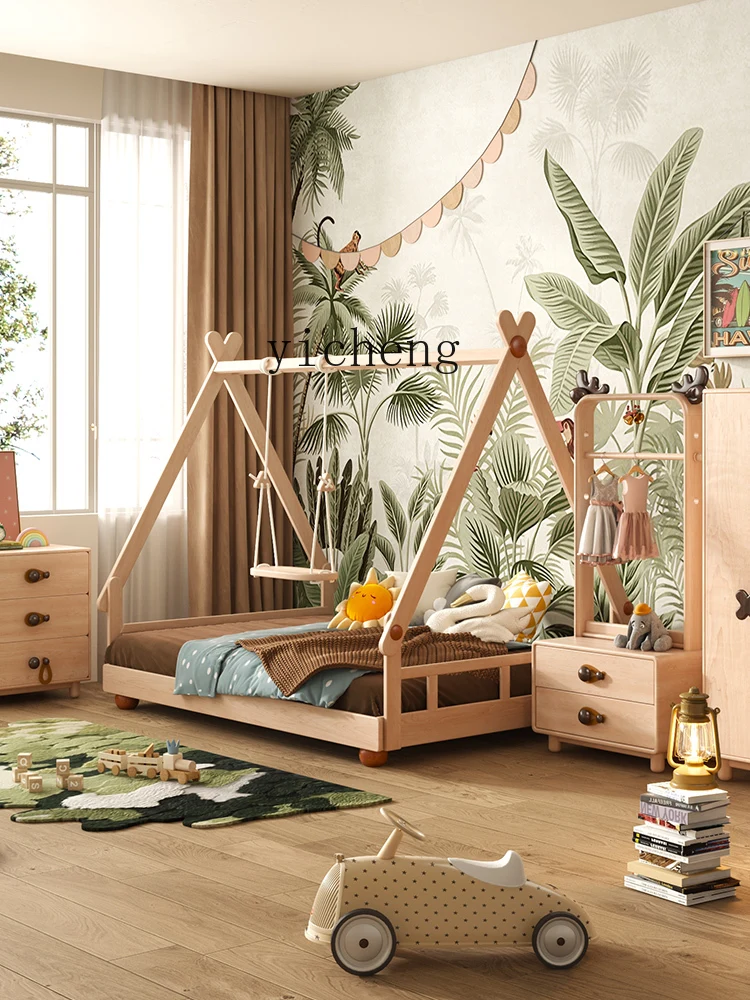 Casa de madera maciza nórdica XL para niños, cama de tienda de campaña, casa de árbol, cama individual