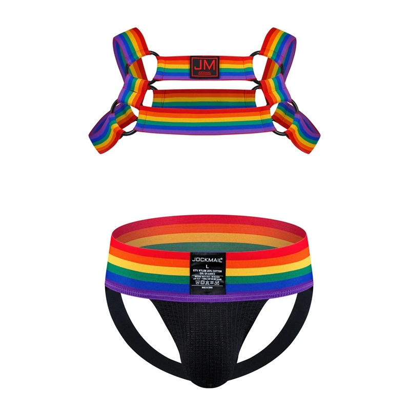 Conjuntos de ropa interior con arnés para hombre, ropa interior erótica Gay, lencería, cinturones de Bondage, fetiche, suspensorio para hombre, Tanga con patrón de arco iris