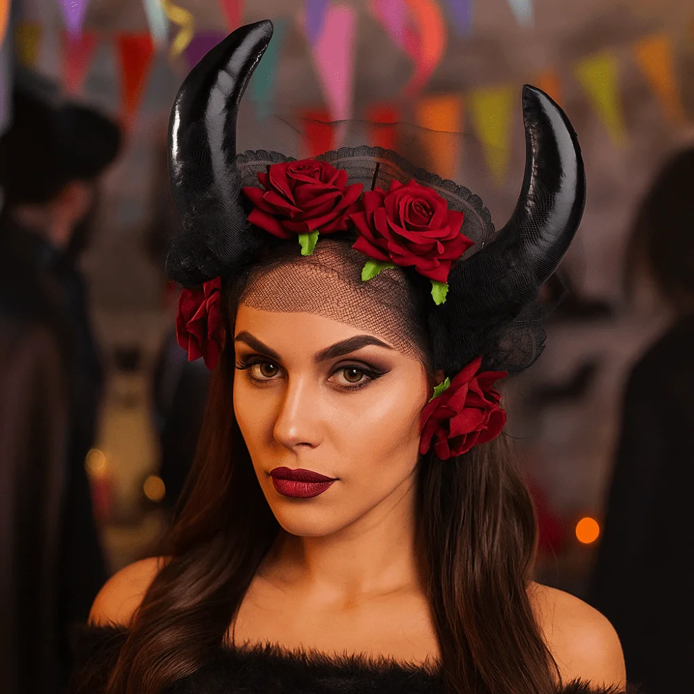 

Цветочный дизайн, повязка на голову с коровьими рогами на Хэллоуин, модная уникальная повязка на голову с овечьим рогом, кружевная отделка, повязка на голову с красной розой, костюм для вечеринки