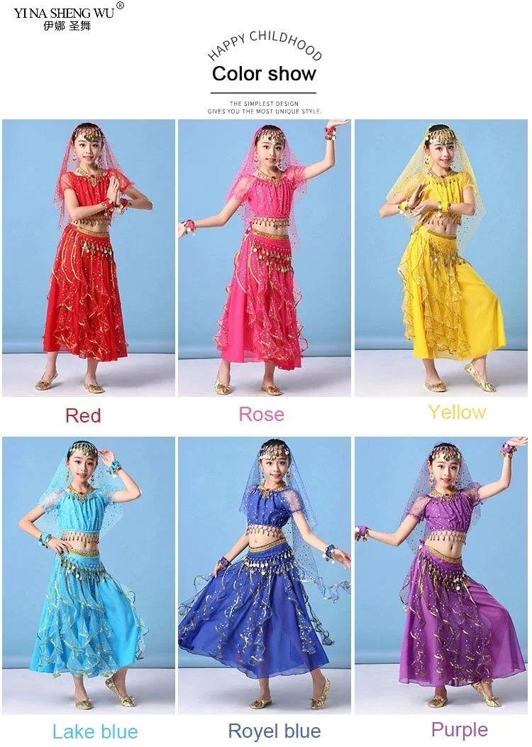 Indisches orientalisches ägyptisches Bauchtanz-Kostümset für Mädchen, 6 Farben, Bühnenoutfit für Kinder, Bauchtanzkleidung – Detail 6
