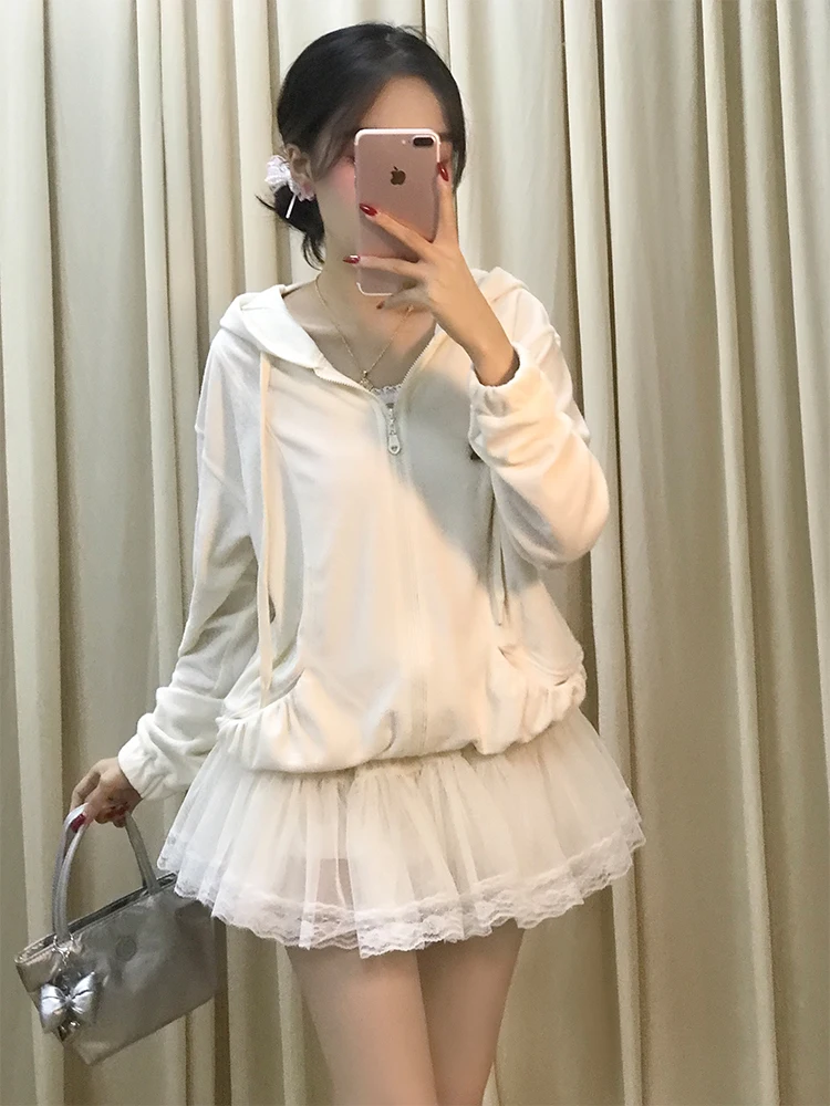 Niedlicher Bären-Hoodie Ort Jaet Me Strap Puffy Rock Zweiteiliges Set Damen Frühherbst Faion Outfit Atmungsaktiv Bequem