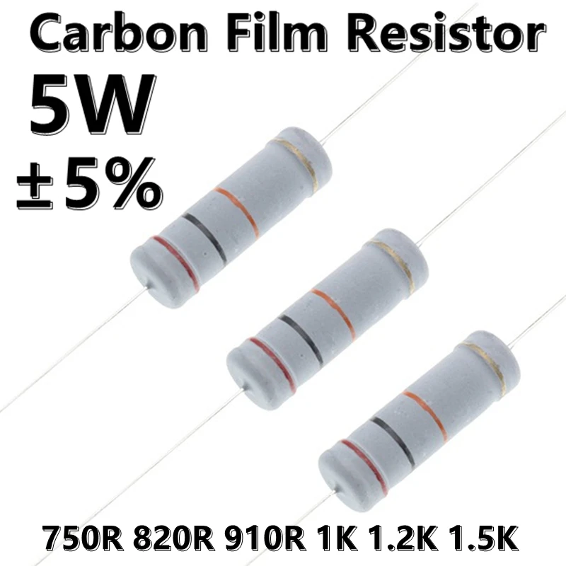 (10pcs) 5W Carbon Film 5% Color Ring Axial Resistor 750R 820R 910R 1K 1.2K 1.5K Ω ohm