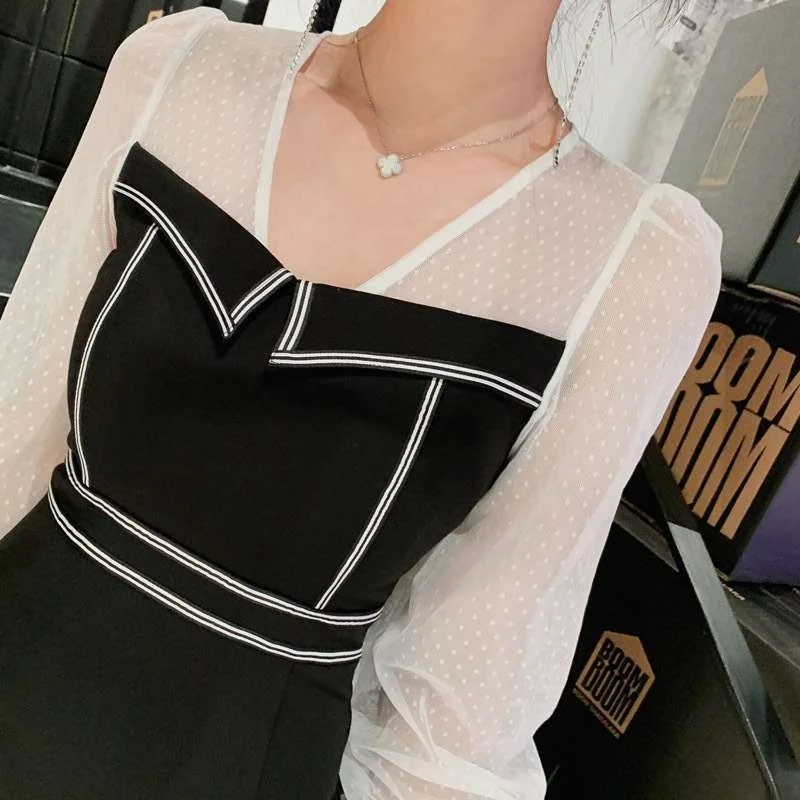 

Ele Sexy Mid-Length Over-The-Knee Spring New Dr High Waist Bubble Sve V-Ne Commute Sle for Middle-Aged Women