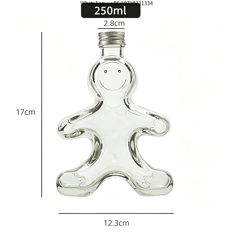 50 Pack 250ml Gingerbread Man Glass Bottles Christmas Beverage Liquor Syrup Honey Storage Bottle With Aluminum Lid Holiday Gift