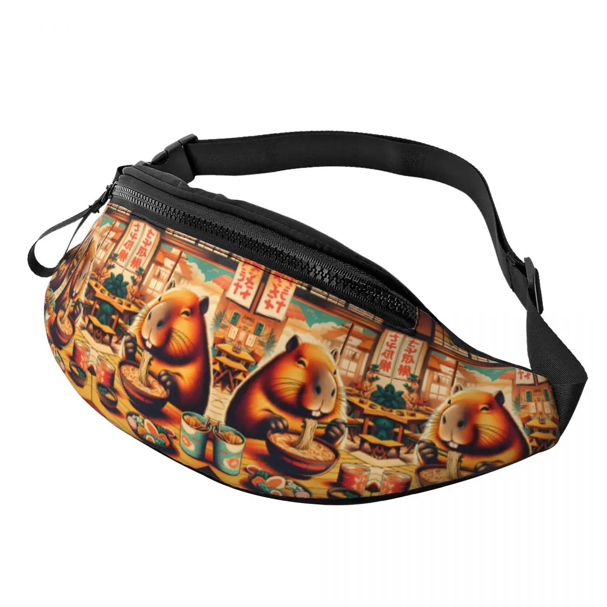 Custom Cool Kawaii Capybara Eating Ramen Fanny Pack Men Women Crossbody Waist Bag for Traveling Phone Money Pouch